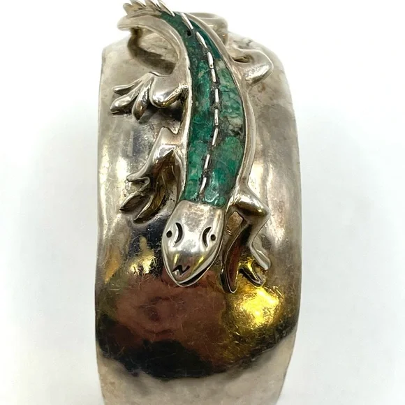 Taxco Sterling Silver Cuff Bracelet with Turquoise Inlaid Lizard 3D 925 Large - Picture 5 of 8